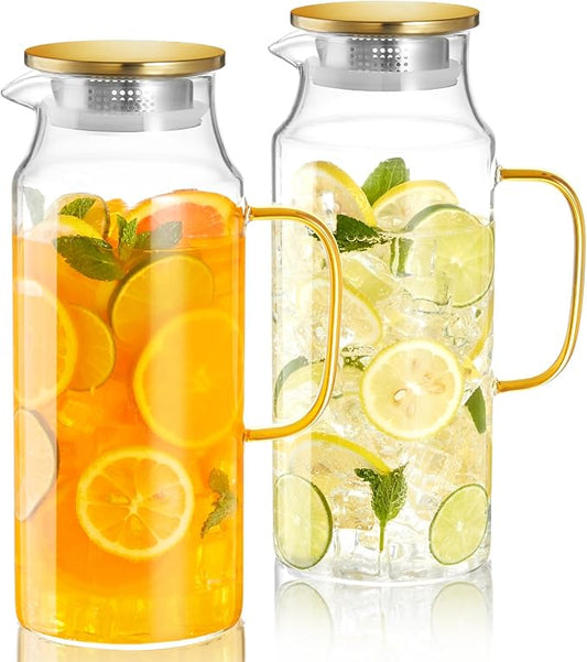 2 Pack 2 Liter 68 oz Glass Pitcher with Lid and Handle, Gold Glass Carafe for Fridge, Water Pitcher for Hot/Cold Water, Large Jug for Iced Tea, Coffee, Juice and Homemade Beverage