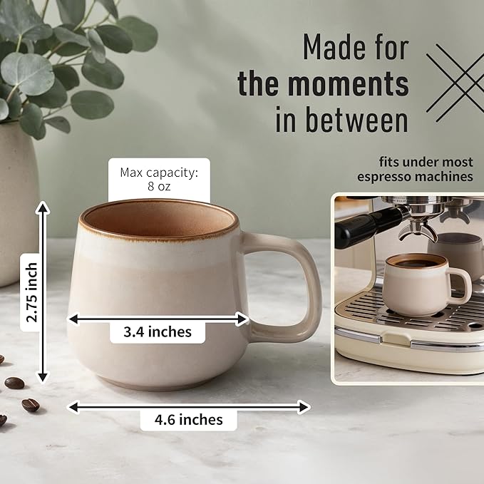 Small Ceramic Coffee Mugs Set of 4 | 8 oz Stoneware Coffee Cups | Lead-Free, Non-Toxic | Microwave & Dishwasher Safe | Comfortable Handle | Aesthetic Nordic Design for Cappuccino | Rose Sand