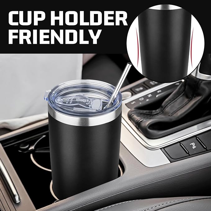 20 oz Tumbler with Lids and Straws, Stainless Steel Insulated Travel Coffee Mug, Double Wall Vacuum Insulated Tumblers, Powder Coated Coffee Tumbler for Cold & Hot Drinks (Black,4pack)