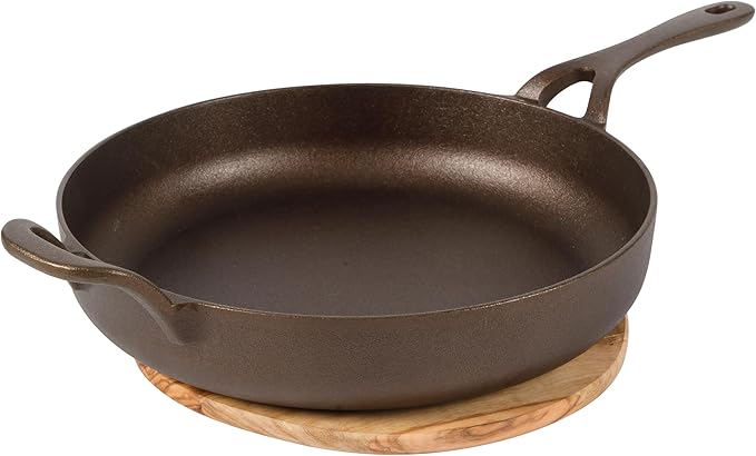 Bloomhouse - Two Time Oprah's Favorite Things Winner - Natural Bronze Finish 12" Cast Iron Skillet w/Long Handle, Helper Handle & Olive Wood Trivet – Olive Oil Treated Fry Pan, Oven & Stovetop Safe