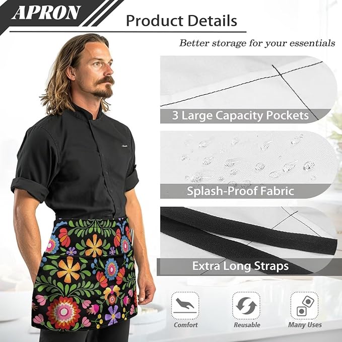 Server Waitress Waist Apron with 3 Pockets, Short Aprons for Servers,Waiter Apron For Waiter Accessories