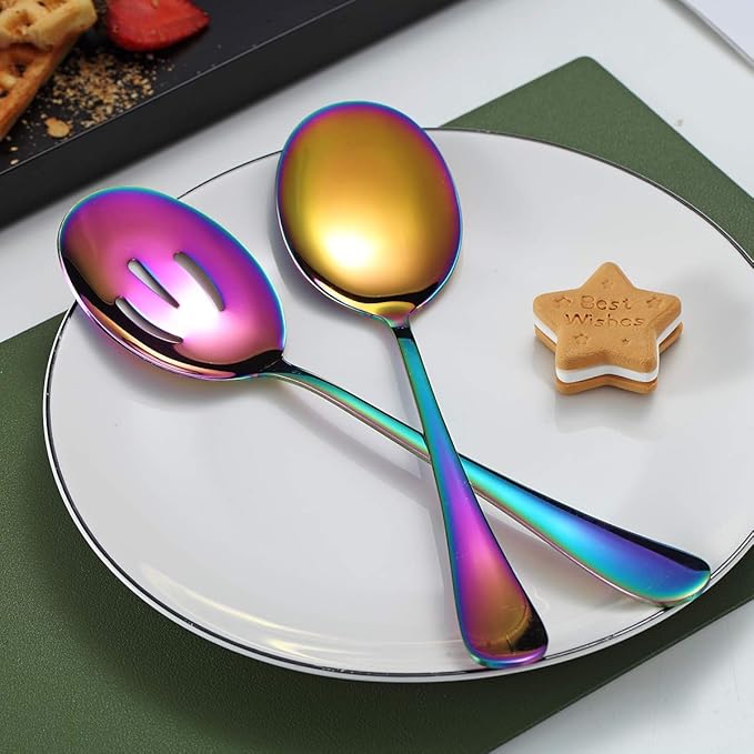 Kyraton Rainbow Serving Set - 4 Piece Titanium Plated Utensils, Includes 2 Spoons and 2 Slotted Spoons