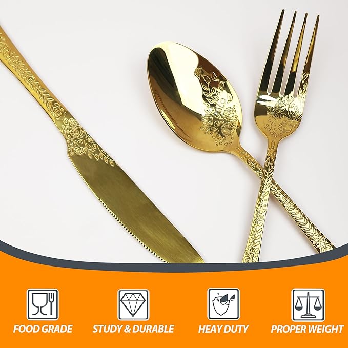 Runfly Vintage Carved Floral Gold Silverware Set for 4, Stainless Steel 20-Piece Flatware Set with Knife/Fork/Spoon, Cutlery Set for Home and Kitchen, Modern Utensil Set