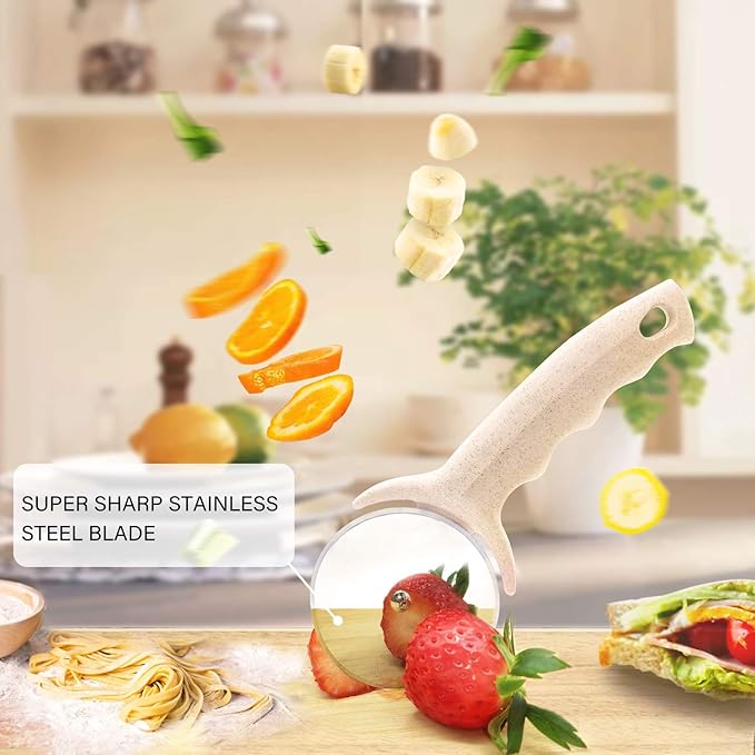 Pizza Cutter Wheel, Stainless Steel Pizza Cutter with Cover, Super Sharp Pizza Slicer-Dishwasher safe,Smooth Rotating Pizza Wheel Safe with Healthy Material（Beige）