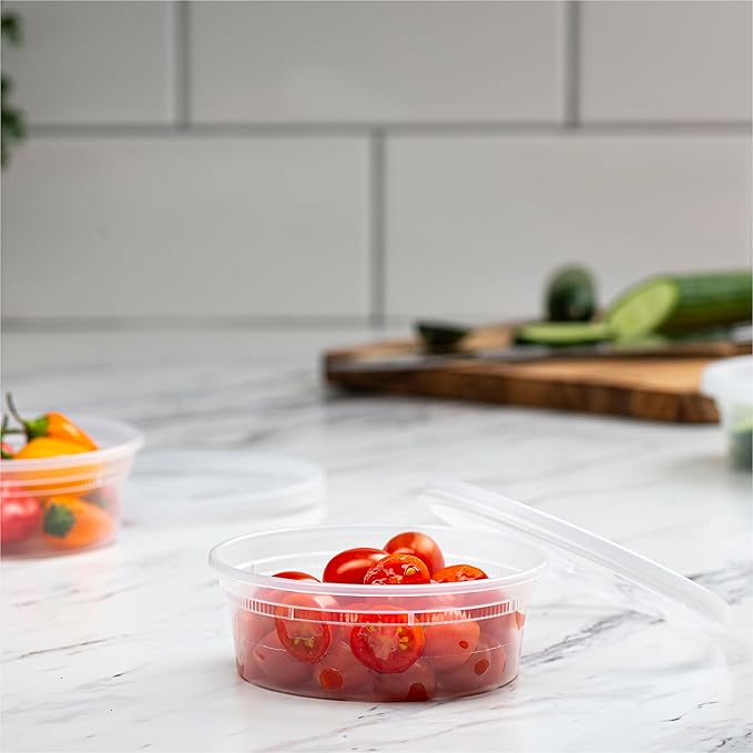 Stack Man 8 oz Deli Containers with Lids (48 Sets) – Clear Plastic Food Storage Containers, Airtight Leak-Resistant Seal, BPA-Free, Microwave & Freezer Safe, Sauce Snack Portion Takeout to-Go