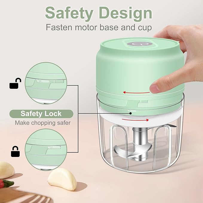 250ml Electric Garlic Chopper, Portable Garlic Press, Wireless Mini Food Processor, Rechargeable Garlic Chopper Mincer for Ginger, Chili, Onion, Minced Meat and Spices (Green)