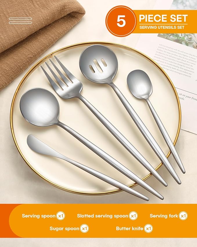 EUIRIO 5PCS Large Serving Utensils Set, Matte Hostess Flatware Serving Utensils, Heavy Duty Stainless Steel Serving Spoon, Slotted Spoon, Serving Fork, Sugar Spoon&Butter Knife, Dishwasher Safe
