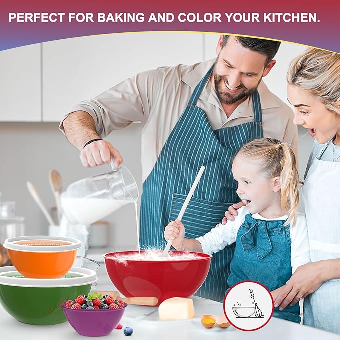 6-Piece Plastic Mixing Bowls Set with Airtight Lids, Nesting Bowls for Space Saving, TPR Sealed & PP5 Leak-Proof Lids, for Baking, Prepping & Serving, Dishwasher Safe (Red)