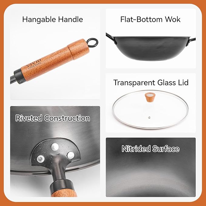 12.6 Inch Carbon Steel Wok with Lid, Flat Bottom Induction Wok Pan, Non-Coated Stir Fry Wok Skillet with Helper Handle, Gas Electric Ceramic Halogen Compatible, Includes Iron Wok Spatula