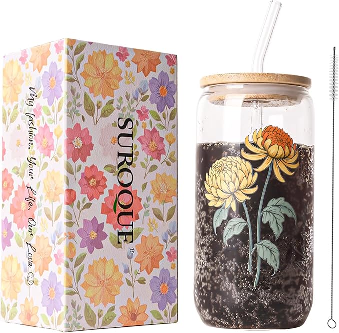 Birth Month Flower Iced Coffee Glass Cup 16oz Custom Tumbler Birthday Gifts Personalized Gifts for Women, Teachers, Bridesmaids, Birthdays, Mom, Valentines