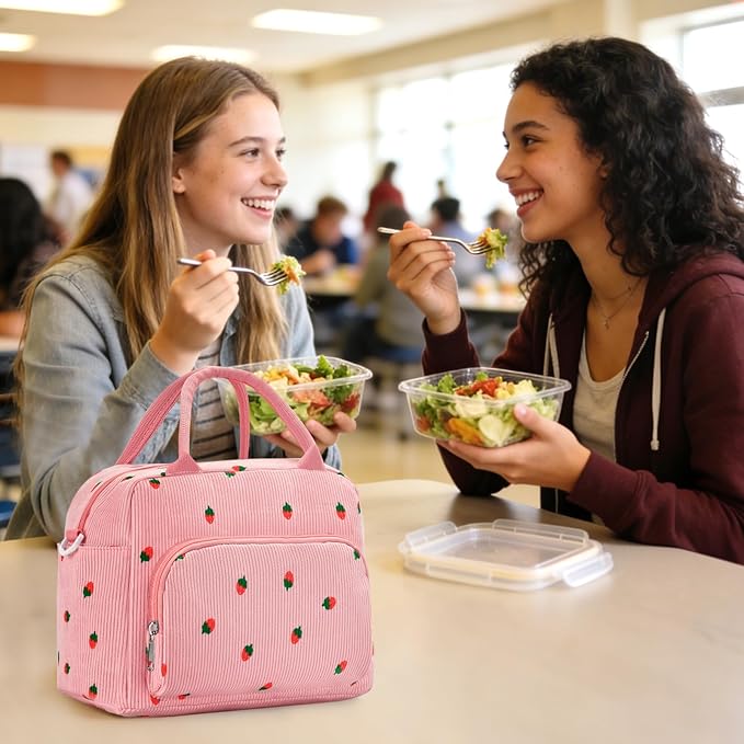 Lunch Box for Women Insulated Lunch Bag Women Adult Cute Lunch Bags Reusable Lunchbox Cooler Tote Bag for Work Picnic (Pink-Strawberry)
