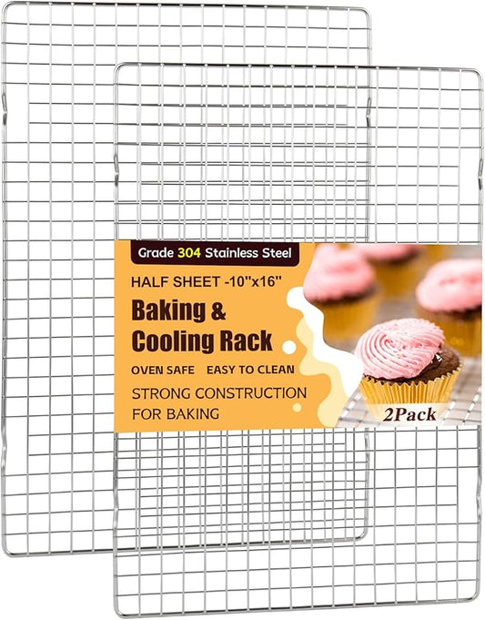 Cooling Racks for Cooking and Baking – 2 PCS 10" x 16" Heavy Duty 304 Stainless Steel Wire Rack, Oven & Dishwasher Safe Baking Cooling Rack for Grilling, Roasting – Fits Half Sheet Pan