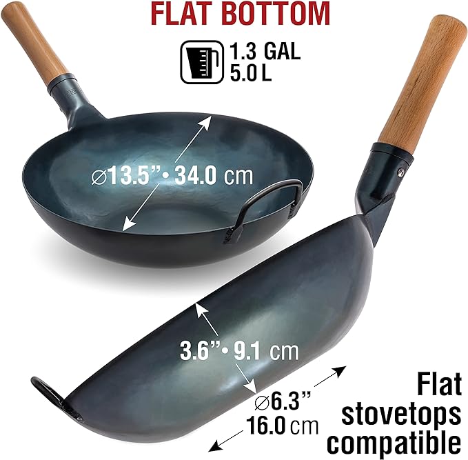 YOSUKATA Flat Bottom Wok Pan - 13.5" Blue Carbon Steel Wok + Wok Lid 12.8 Inch + 17" Spatula and Ladle Skimmer Spoon