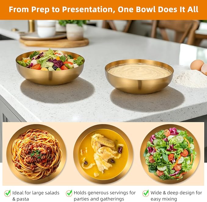 9.4" Stainless Steel Mixing Bowls - 75oz Gold Serving Bowl, Large Metal Decorative Bowl for Salad, Soup, Pasta, Snack, Cooking, Baking, Dishwasher Safe