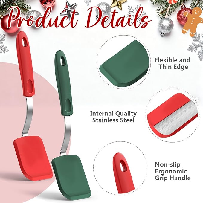 Silicone Cookie Spatula Turner 2 Pack Mini Brownie Spatula Flexible Kitchen Small Silicone Turner for Nonstick Cookware Heat Resistant No Scratch Flipper for Egg Pancake(Red, Green)