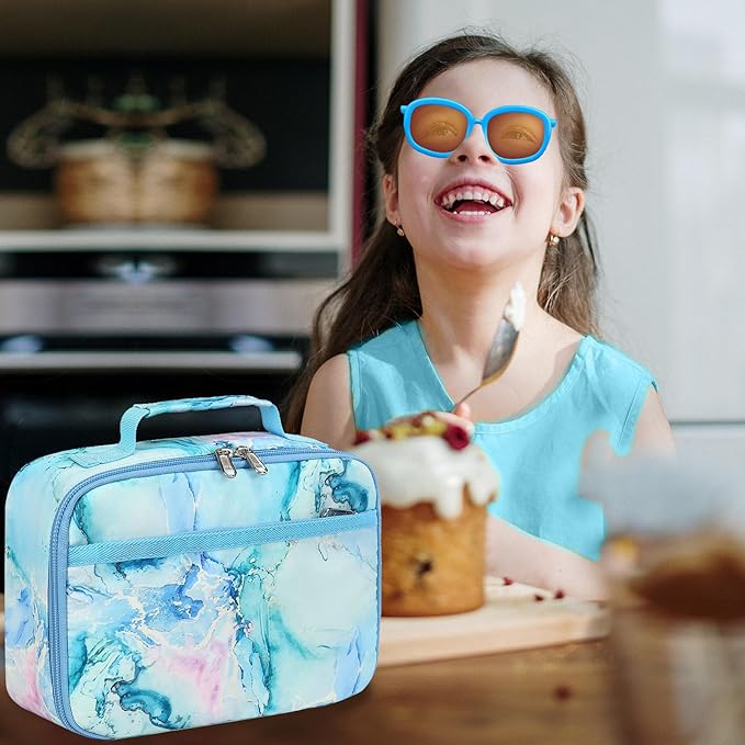 LEDAOU Lunch Bag Kids Insulated Lunch Box Girls Toddler Reusable LunchBox for School Picnic Hiking (Marble Blue)