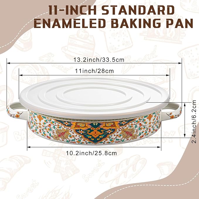 11 Inch Enamel Pie Pan Vintage Art Enamel Non-stick Baking Dish Oven and Dishwasher Safe for Turkey Pizza Desserts Easter Gift for Wife Baking Dish(Retro Style)
