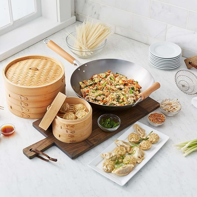 Sur La Table 14" Carbon-Steel Wok, Flat Bottom Pan for High-Heat Cooking – Ideal for Deep-Frying, Steaming, and Stir-Frying– Lightweight, Fast Heating