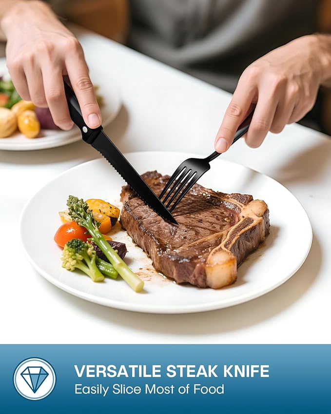 Stapava 48 Pcs Black Silverware Set with Steak Knives, Food-Grade Stainless Steel Flatware Set for 8 Mirror Polished Cutlery Utensil Sets Include Forks Spoons and Knives Set Dishwasher Safe