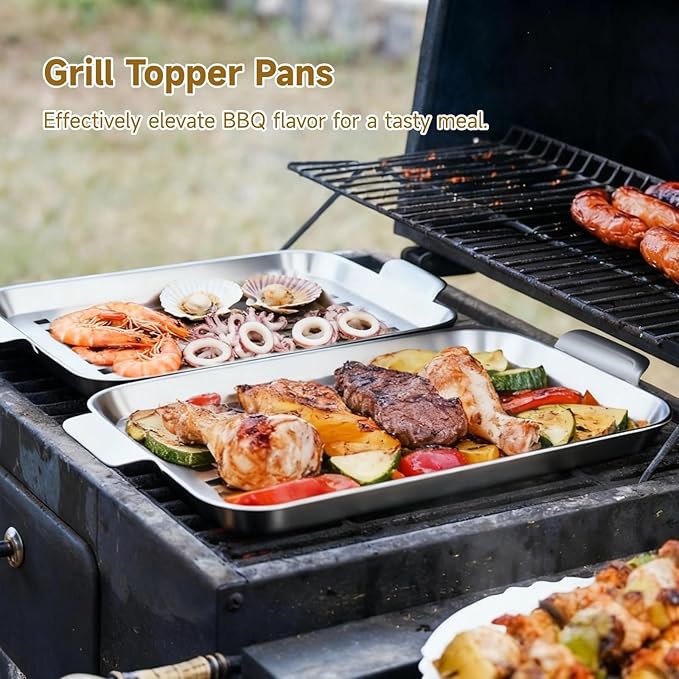 Grill Basket Pan, 2 Pack Grill Pans for Outdoor Grill, Stainless Grilling Food Tray with Grill Tong,BBQ Grilling Baskets Barbecue Accessories for Vegetables, Fish, Meat, and Seafood