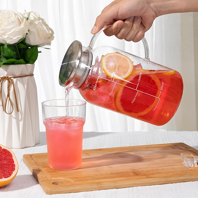 Glass Pitcher with Lid, 1.8Liter 62 oz Glass Carafe for Hot/Cold Water, Tea Pitcher with Scale, Suitable for Coffee, Juice and Homemade Drinks