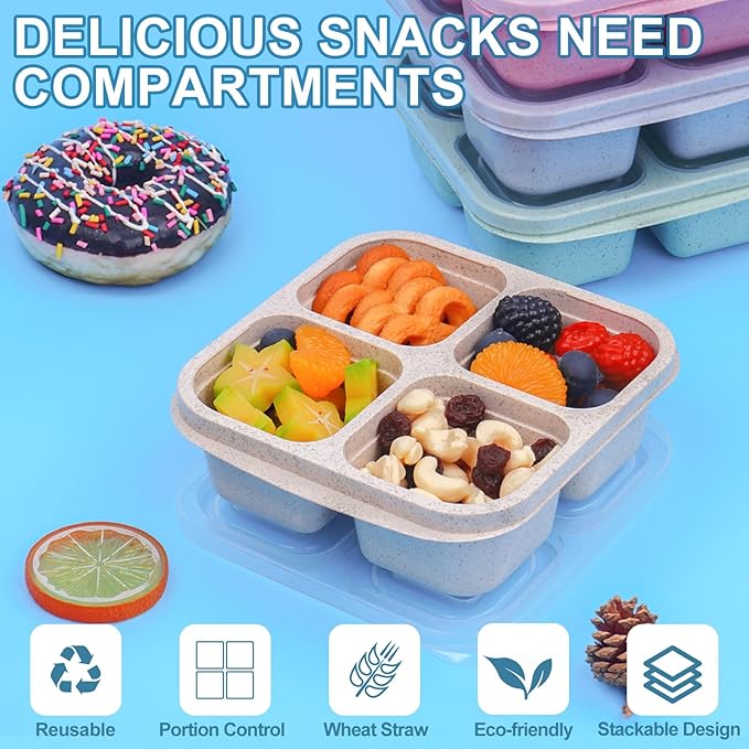 4 Pack Snack Containers, 4 Compartments Snackle Box Container, Reusable Meal Prep Lunchable Container for Adults, Microwave Dishwasher Safe, Stackable Bento Snack Boxes for Work, Travel
