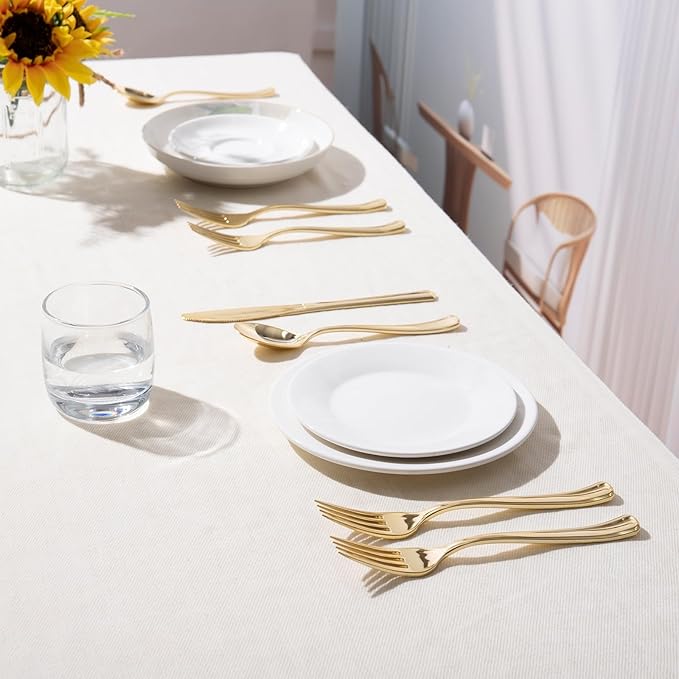 144 Pack Gold Premium Heavy Duty Plastic Silverware, 48 Forks, 48 Spoons, 48 Knives, For Catering, Parties, Dinners and Weddings, BPA-Free, Disposable Plastic Cutlery Set Utensils Set