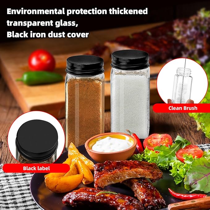 2Pcs 4oz Glass Spice Jars with Shaker Lids, Spice Jars Trial Set & Supplement Set, Empty Spice Containers and Square Spice Bottles for Kitchen (black iron Lids)
