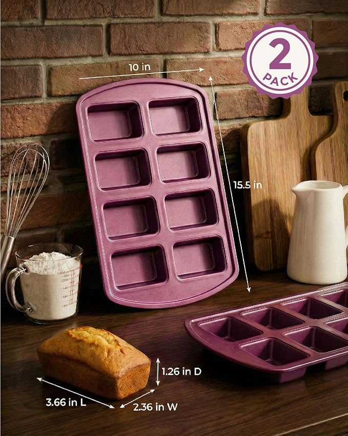 CARTMAN 2-Pack 8-Cavity Mini Loaf Pans Set with Spatula & Brush – 15.5” x 10” Nonstick Carbon Steel Small Bread Pan for Banana Bread, Meatloaf & Keto Snacks Plum Purple