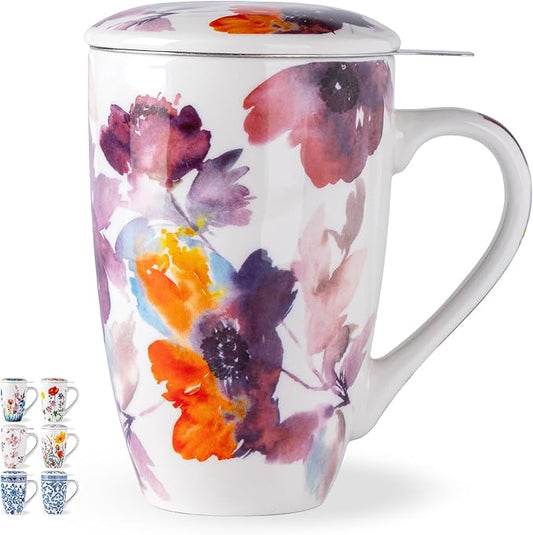 AmorArc Porcelain Tea Mug with Infuser and Lid – 18oz Loose Leaf Tea Cup with Handle, Gift for Tea Lovers (Men & Women)