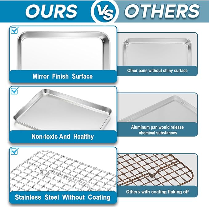 TeamFar Baking Tray with Rack, 12.3 x 9.7 x 1 Inch Stainless Steel Toaster Oven Baking Pan with Grid Rack for Baking Roasting Cooling, Healthy & Heavy-Duty, Oven & Dishwasher Safe, 2pcs