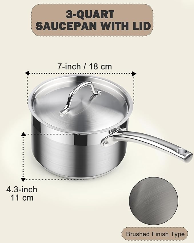 Cooks Standard Saucepan with Lid 18/10 Stainless Steel, 3-Quart Professional Sauce pot Mini Milk Pan, Oven Safe 500℉, Compatible with All Stovetops, Silver