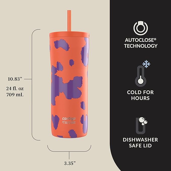 Contigo Streeterville 2.0 Stainless Steel Vacuum-Insulated Tumbler w/Straw, Autoclose Technology, Easy Clean Lid & Straw, Leak-proof Drinking, Keeps Drinks Cold for 20 hours, 24oz., Tangerine