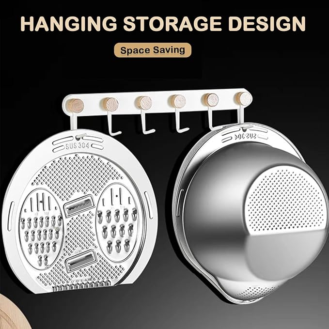 Rice Washer Strainer Bowl with Grater, Multipurse Stainless Steel Rice Colander with Side Drainer for Cleaning Quinoa, Fruits, Vegetables, Bean Versatile Kitchen Tool