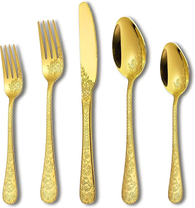 Runfly Vintage Carved Floral Gold Silverware Set for 4, Stainless Steel 20-Piece Flatware Set with Knife/Fork/Spoon, Cutlery Set for Home and Kitchen, Modern Utensil Set