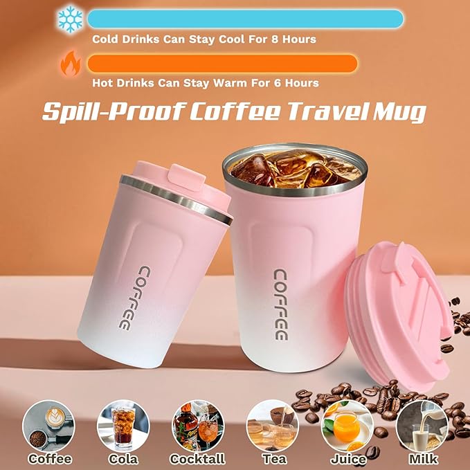 Travel Coffee Mug Leak-Proof, Reusable Coffee Cups with Lids, Stainless Steel Vacuum Insulated Coffee Tumblers, Thermal Insulation Cup for Men and Women Hot & Cold Drinks(2nd-Pink White, 17OZ)