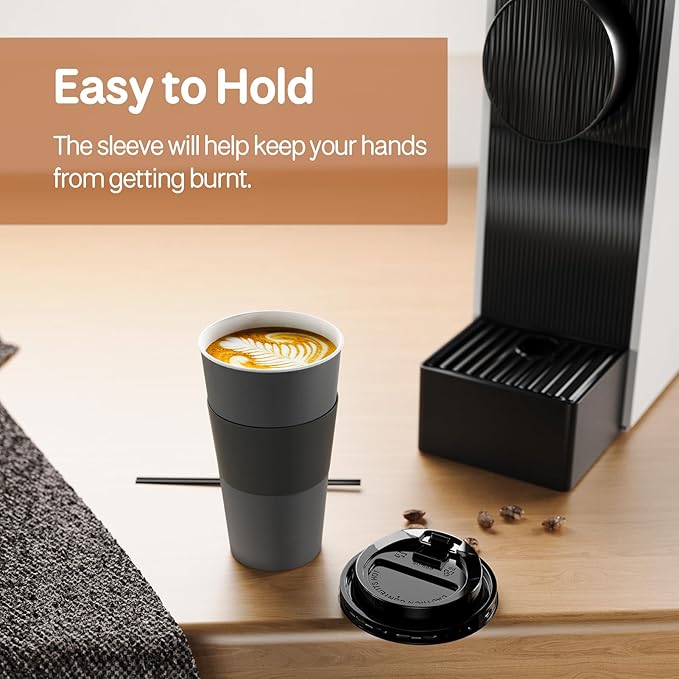 100 Pack 12 oz Disposable Paper Coffee Cups with Lids and Sleeves and Stirring Sticks, Leak-free Disposable Insulated Paper Cups for To Go Hot or Cold Beverages(Gray)