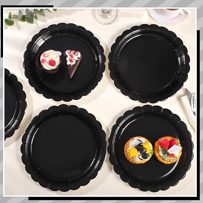 30 Pcs Black Paper Plates, 9 Inch Scalloped Disposable Black Plates Cute Dessert Dinner Plate for Wedding, Birthday, Picnic