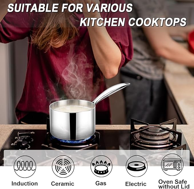 TeamFar 2qt Saucepan with Lid, Stainless Steel Tri-Ply Sauce Milk Pan Small Cooking Pot with Ergonomic Handle, for Induction/Gas/Electric/Ceramic, Non-toxic & Healthy, Heavy Duty & Dishwasher Safe