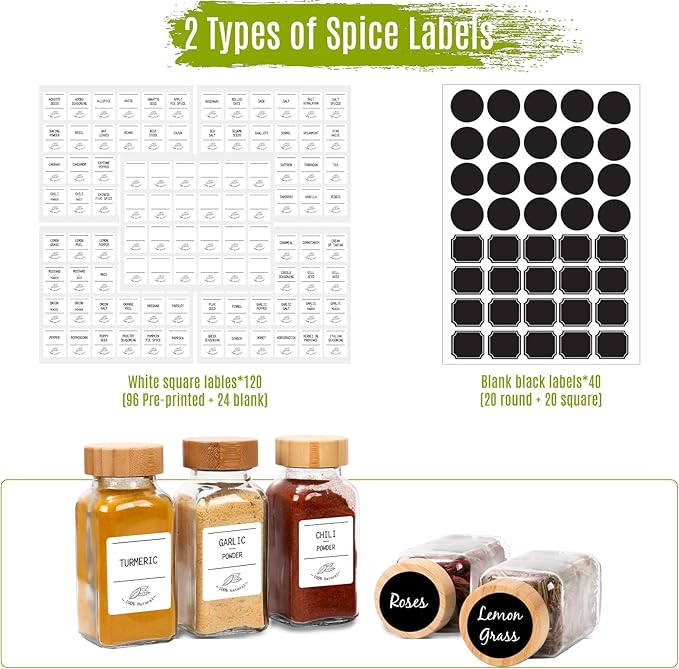 Keketin 16 Pack 6 oz Glass Spice Jars with Bamboo Lids and Spice Labels,Empty Square Seasoning Bottles,180ml Glass Spice Container with Shaker Lids and Funnel