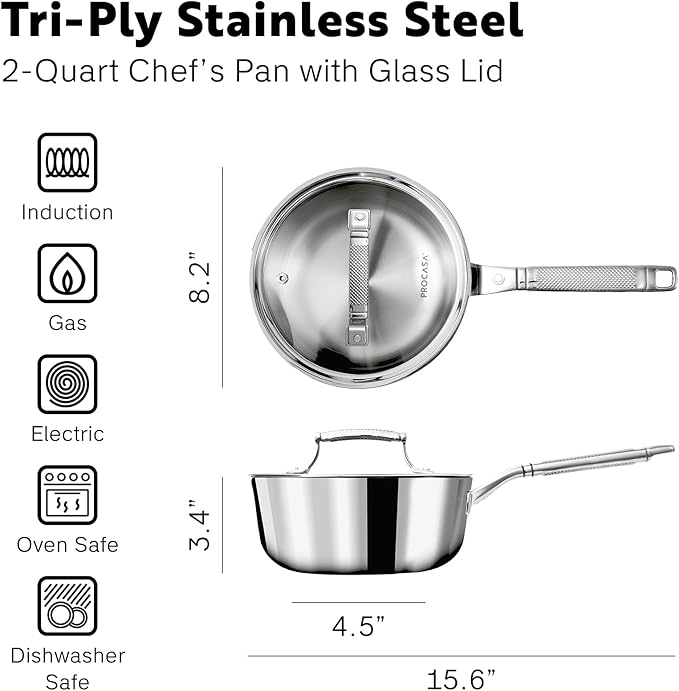 2 Quart Saucepan with Lid - Fully Clad Tri Ply Stainless Steel Saucepan - Professional Quality, Induction, Dishwasher Safe Sauce Pan/ 2 Quart Pot - Coating-Free, PFAS-Free Non Toxic Cookware