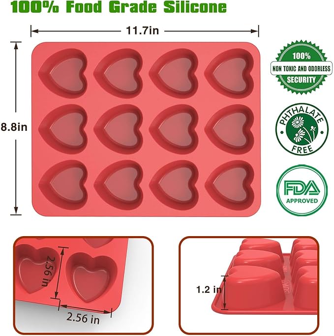 SILIVO Silicone Heart Muffin Pan (2 Pack) - Nonstick Silicone Molds for Baking, Cupcake Pan for Brownies, Tartlets and Egg Bites