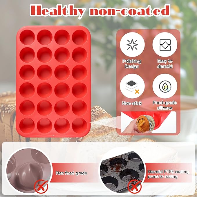 3 Pcs Silicone Muffin Pan Set, Silicone Muffin Pans for Baking Red 24/12/6 Cups Mini/Regular/Jumbo Non-Stick Cupcake Pan for Kitchens, Restaurants, Bakeries