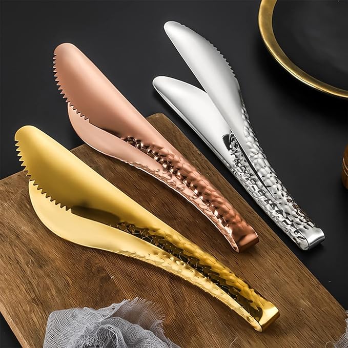 Salad Spoon and Fork Metal Tong Serving Set, Heavy Duty Hammered Finish 18/10 Stainless Steel Serving Utensils Large Salad Servers for Kitchen Party Buffet Supply (Rose Gold)