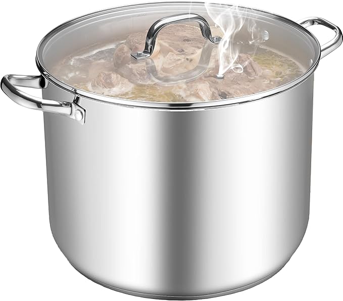 TeamFar Stainless Steel Stock Pot, 24QT Large Stockpot Tri-ply Bottom Cooking Soup Pot with Glass Lid, for Induction Gas Glass Stovetops, Non Toxic & Heavy Duty, Large Size & Easy Clean