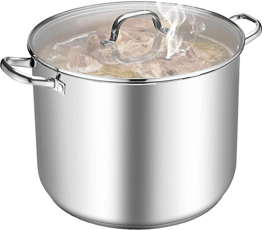 TeamFar Stainless Steel Stock Pot, 24QT Large Stockpot Tri-ply Bottom Cooking Soup Pot with Glass Lid, for Induction Gas Glass Stovetops, Non Toxic & Heavy Duty, Large Size & Easy Clean