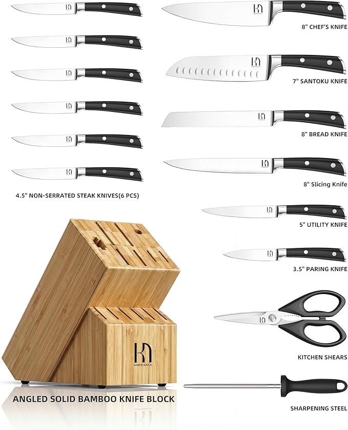 Knife Set 15 Pcs Kitchen Knife Block Set, Enduring Razor-Sharp High Carbon Stainless Steel Knife Set with Block and Sharpener, Premium Knives Set for Kitchen, Natural Bamboo Valentine's Gift
