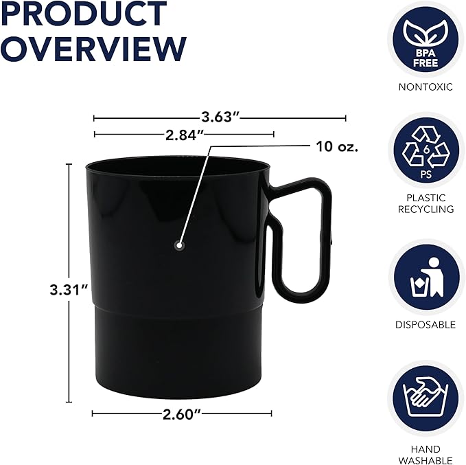 Party Essentials 8-Ounce Hard Plastic Coffee Cup/Tea Mug with Handle, 20-Count, Bistro Black