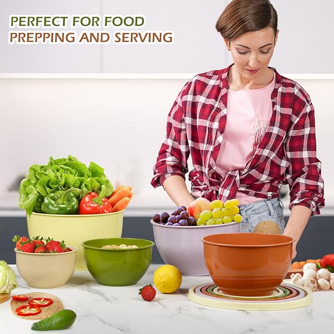 Plastic Mixing Bowls with Lids Set for Kitchen, Nesting Bowls for Mixing, Baking, Prepping, Cooking and Serving Food, Mixing Bowls Dishwasher, Microwave Safe (Yellow green)