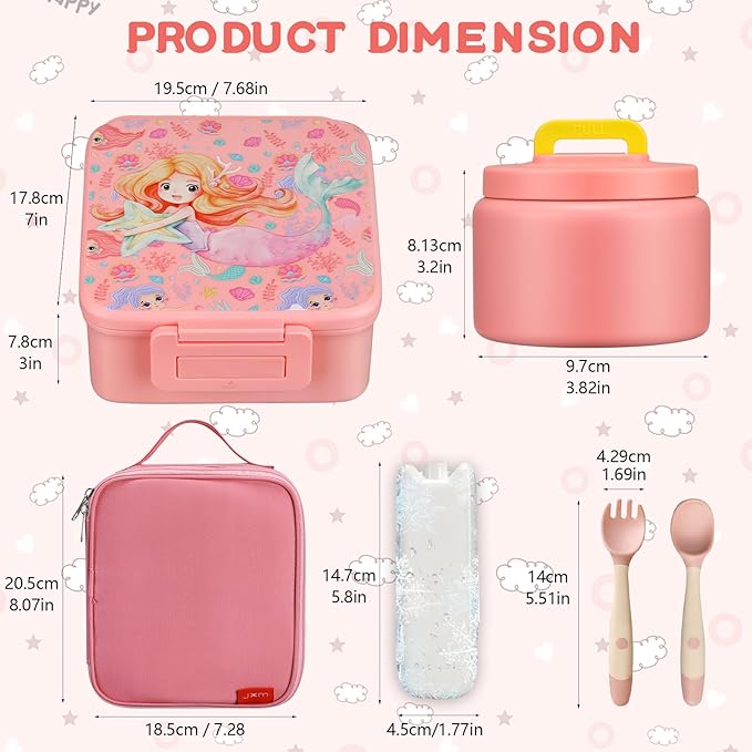 MAISON HUIS Bento Lunch Box with 8oz Soup Thermo, 5-Compartment Leak-Proof Container, Thermo Hot Food Jar and Insulated Lunch Bag, BPA Free,Travel, School
